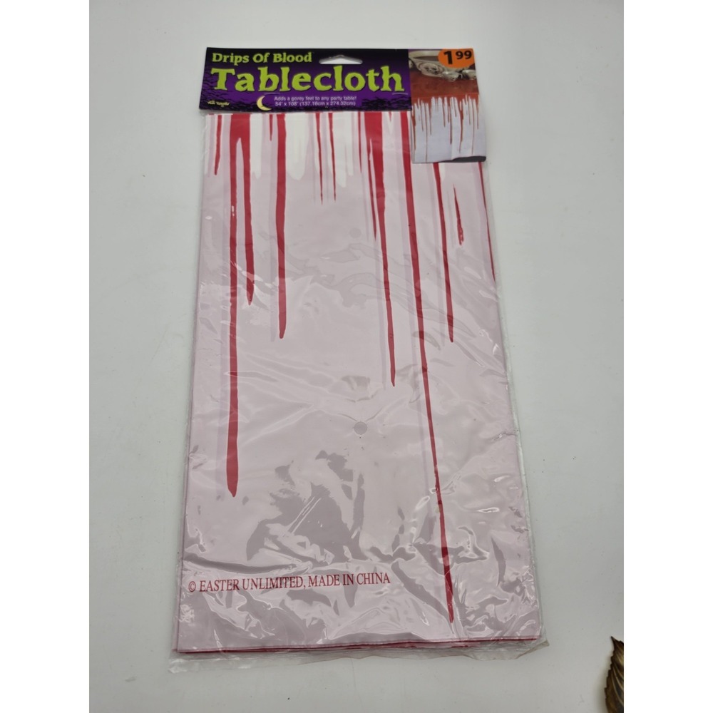Nos Vtg Drips Of  Blood  Rectangular Tablecloth, Polyethylene, White, Halloween